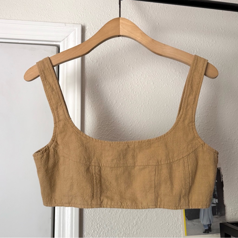KARA‎ THOMS tan mustard cotton square neck cropped tank top